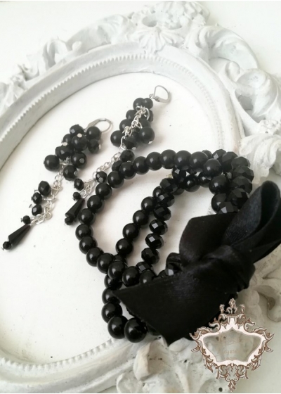 Официална гривна и дълги обици от перли и кристали Сваровски в черно модел Black Rose by Rosie